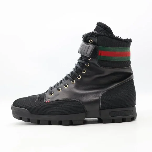 GUCCI Black Leather Signature Webbing Shearling Lined Men UK 9.5 US 10 Combat